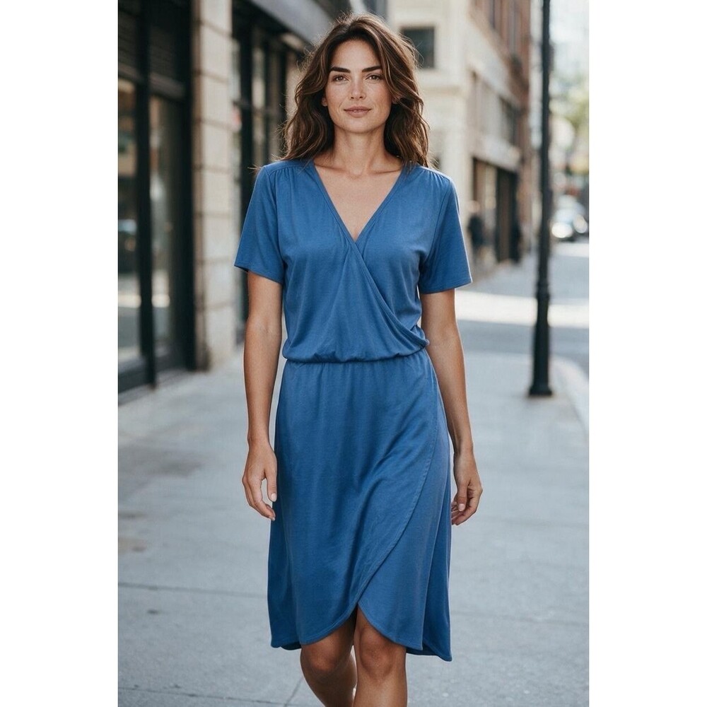 Wool& Wooland Women Medium Faux Wrap V-Neck Dress Blue Merino Wool Pockets